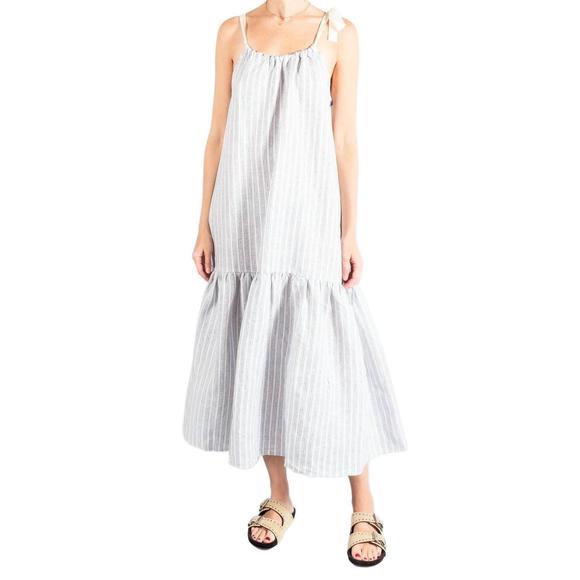 NEW APIECE APART shoulder tie dress in textured stripe print - Picture 1 of 2